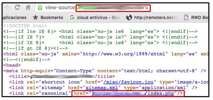 A page's source code with canonicalization errors.