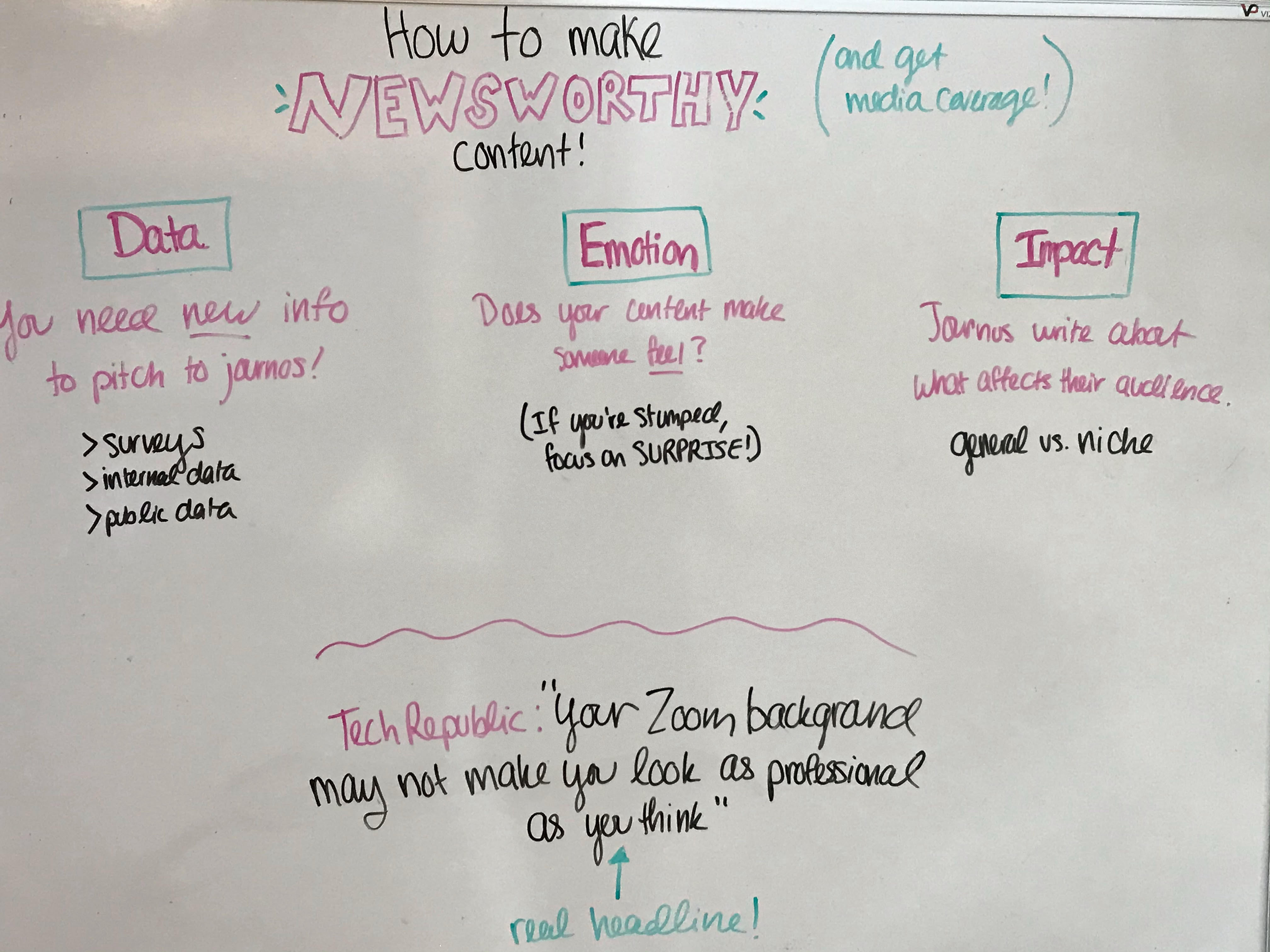 Photo of the whiteboard with handwritten notes on making newsworth content.