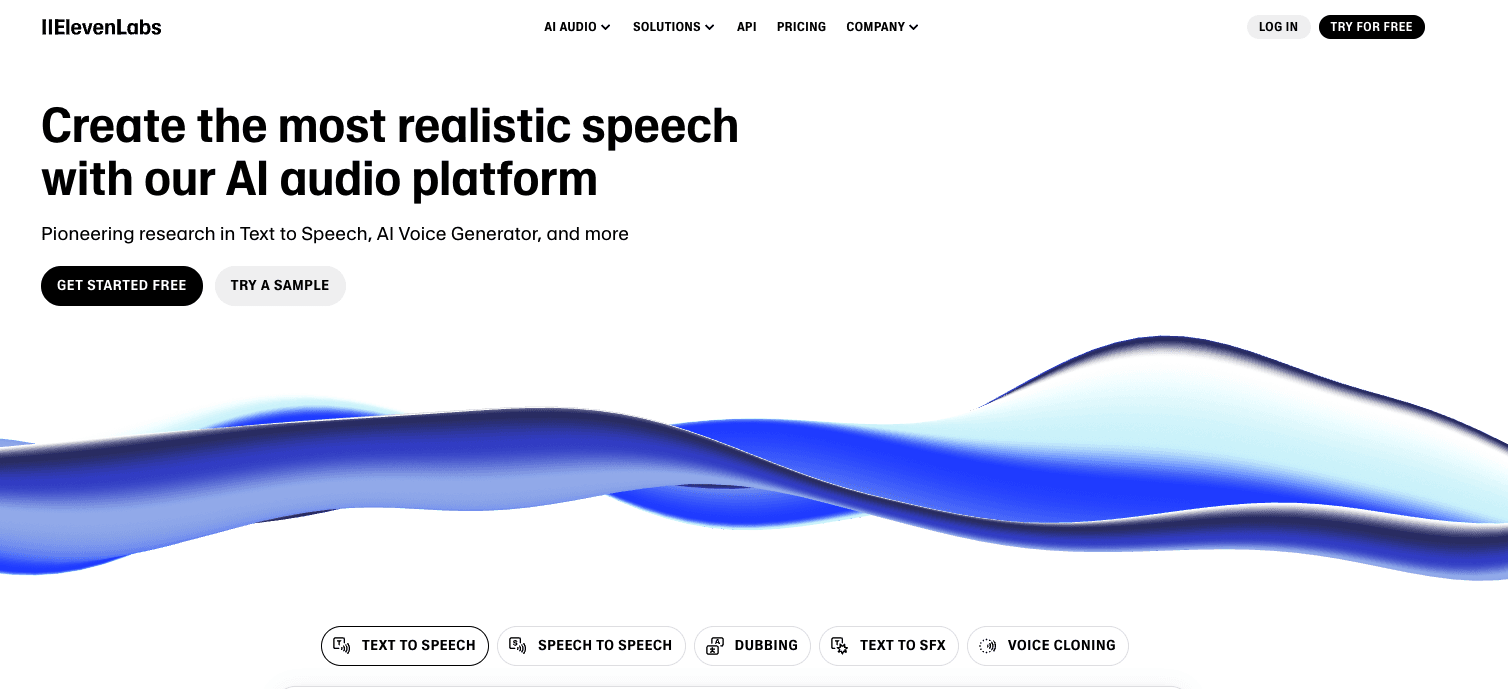 Screenshot of Eleven Labs homepage