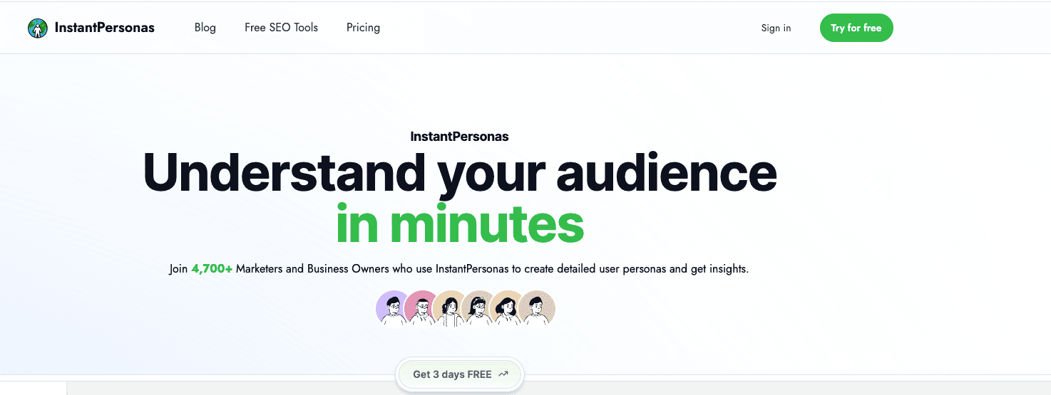 Screenshot of instantpersonas homepage