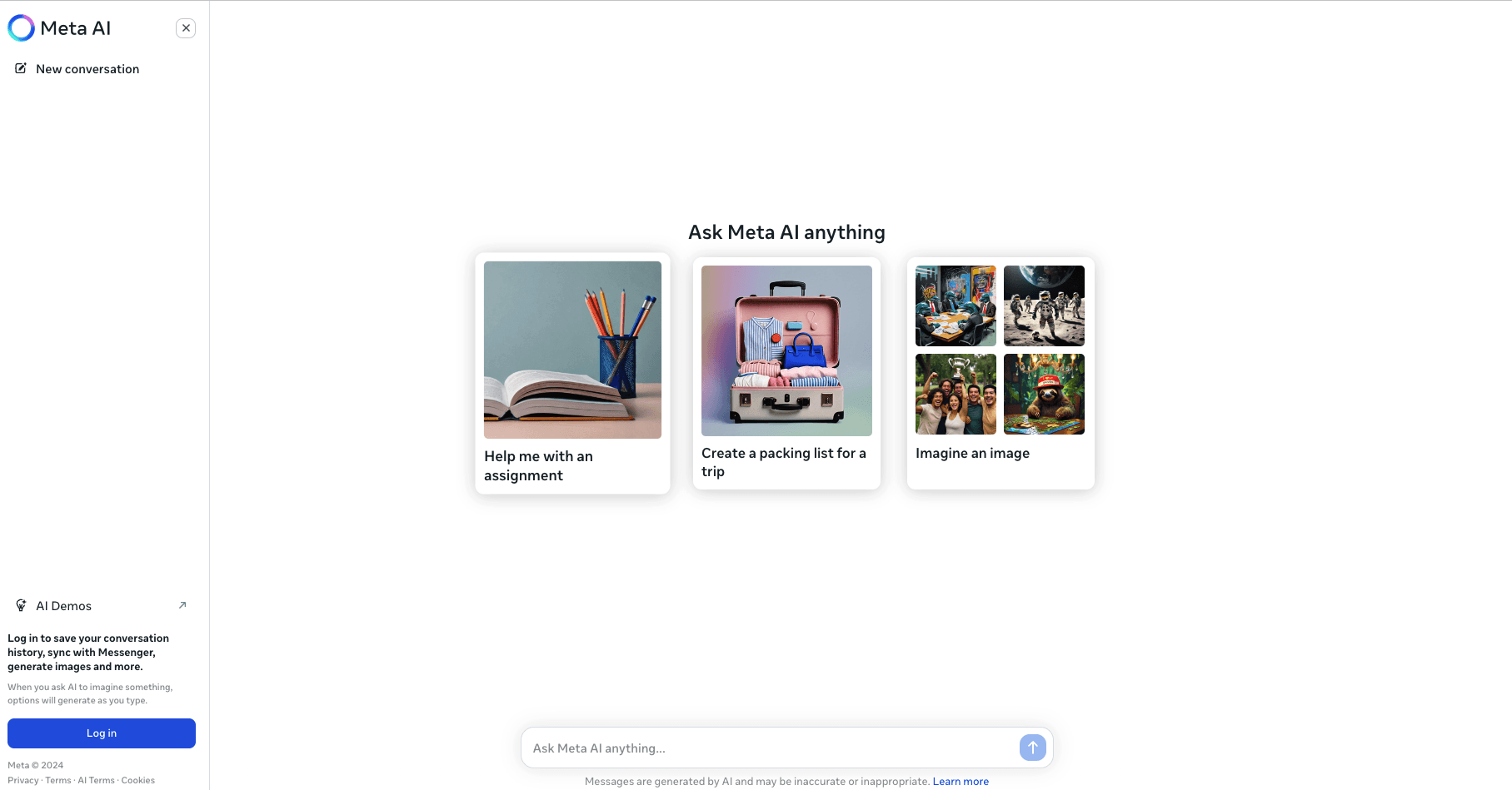 Screenshot of Meta AI homepage