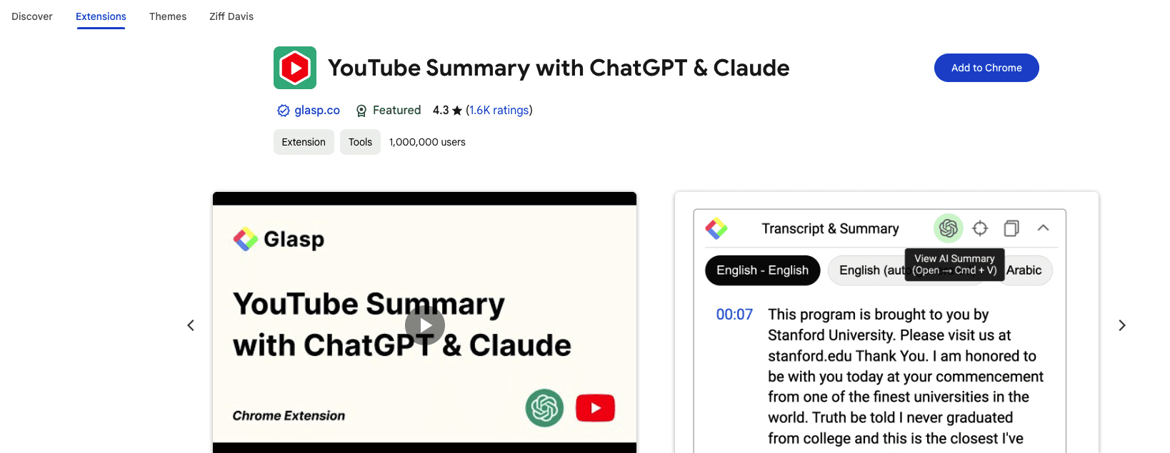 Screenshot of YouTube summary with ChatGPT and Claude Chrome Extension