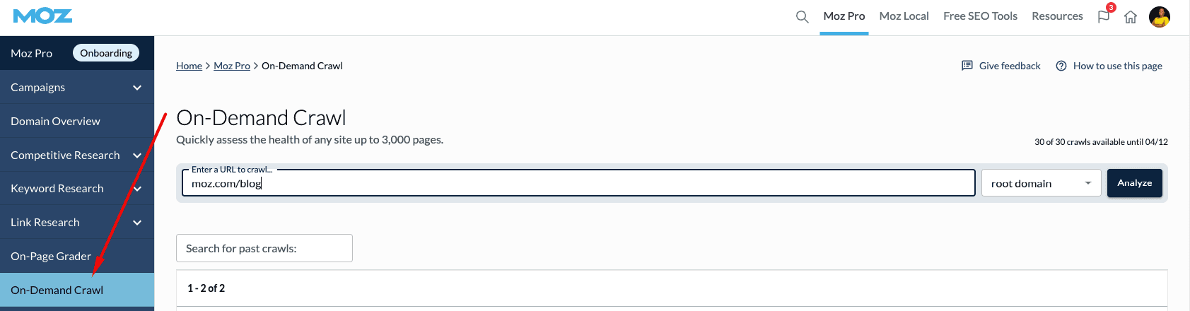Moz Pro On-Demand Crawl menu option on the dashboard.