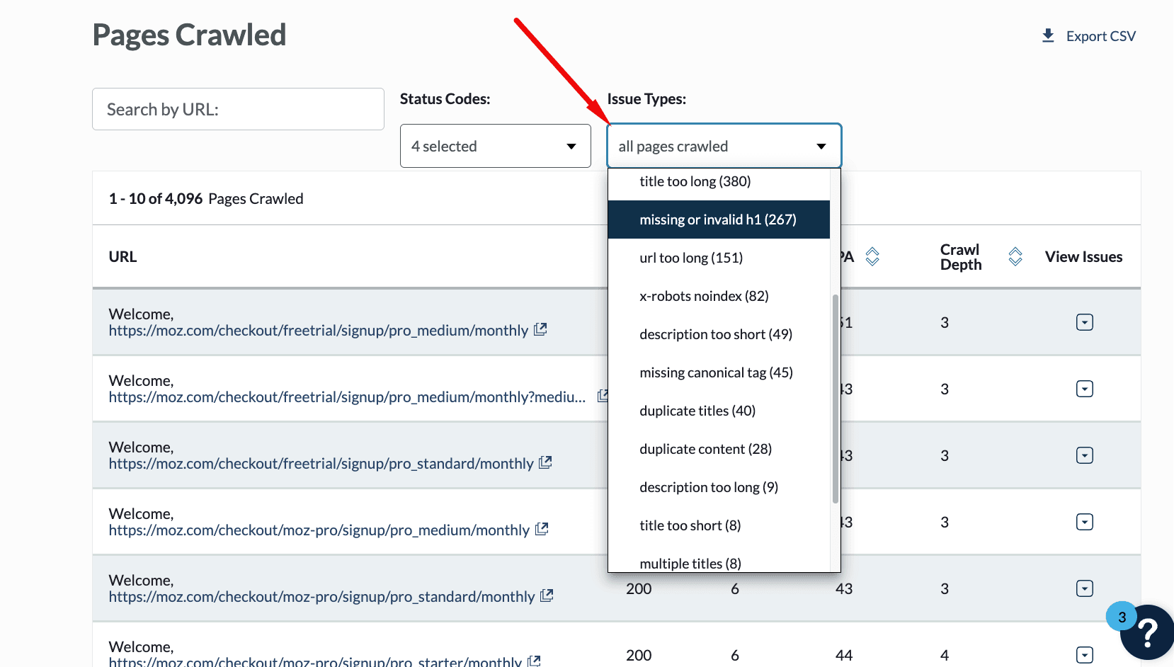Moz Pro Crawl Report interface with Issue Type dropdown menu to filter for H1 and title tag problems.