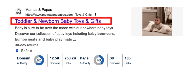 Search results showing title tag