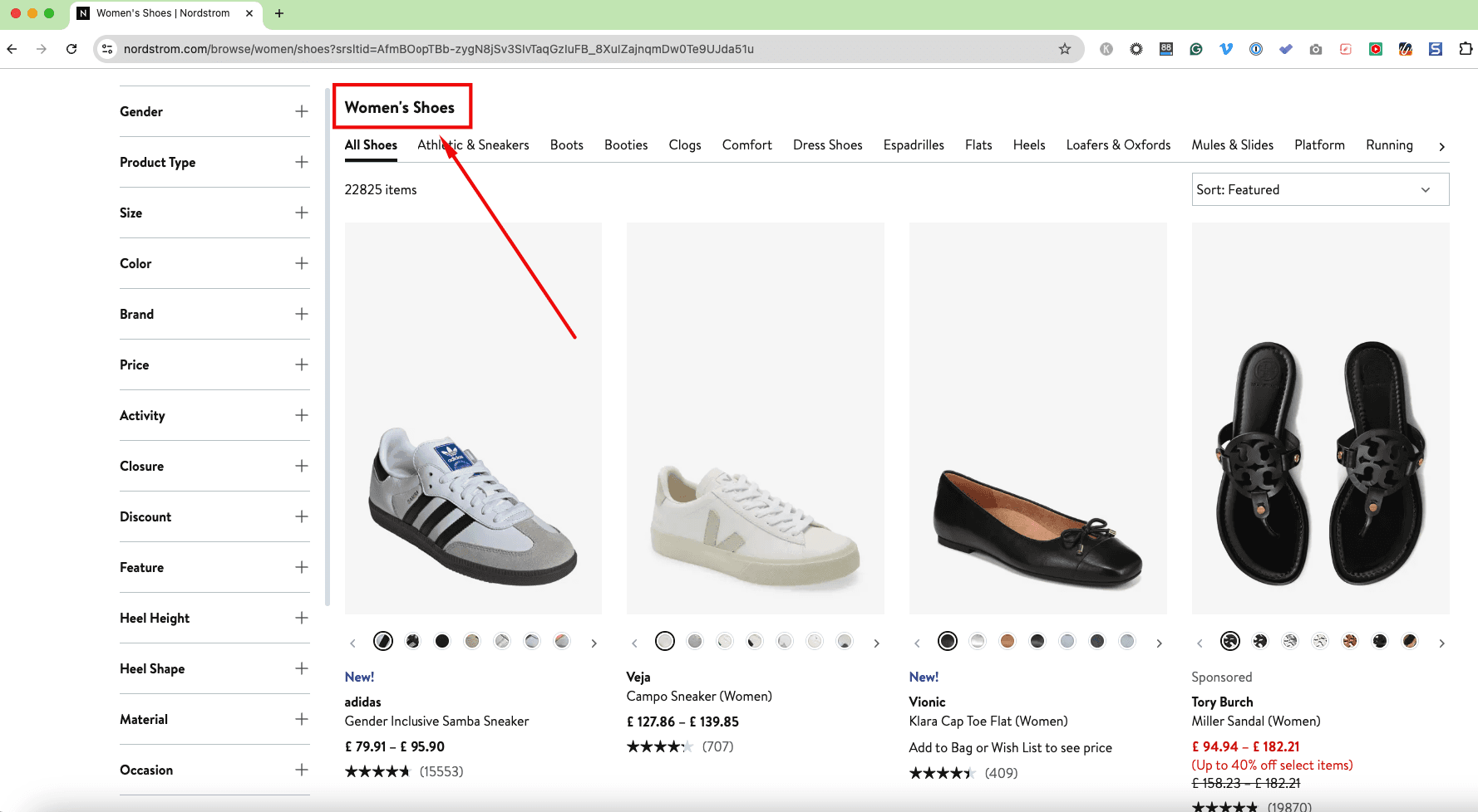Screenshot of Nordstrom's women's shoes category page with "Women's Shoes" as the H1 heading.