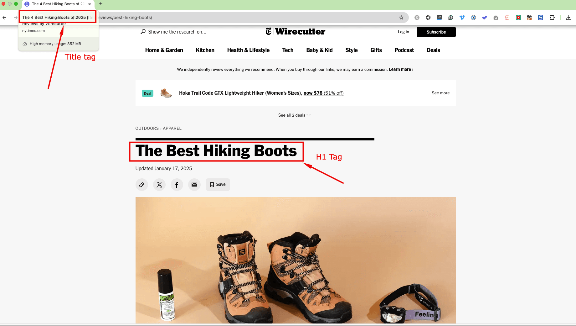 Screenshot of a New York Times Wirecutter article with "best hiking boots" as the H1 tag and "4 best hiking boots" as the title tag.