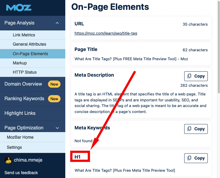 Screenshot of MozBar Page Analysis showing how to check if a page has multiple H1 tags under On-Page Elements section.