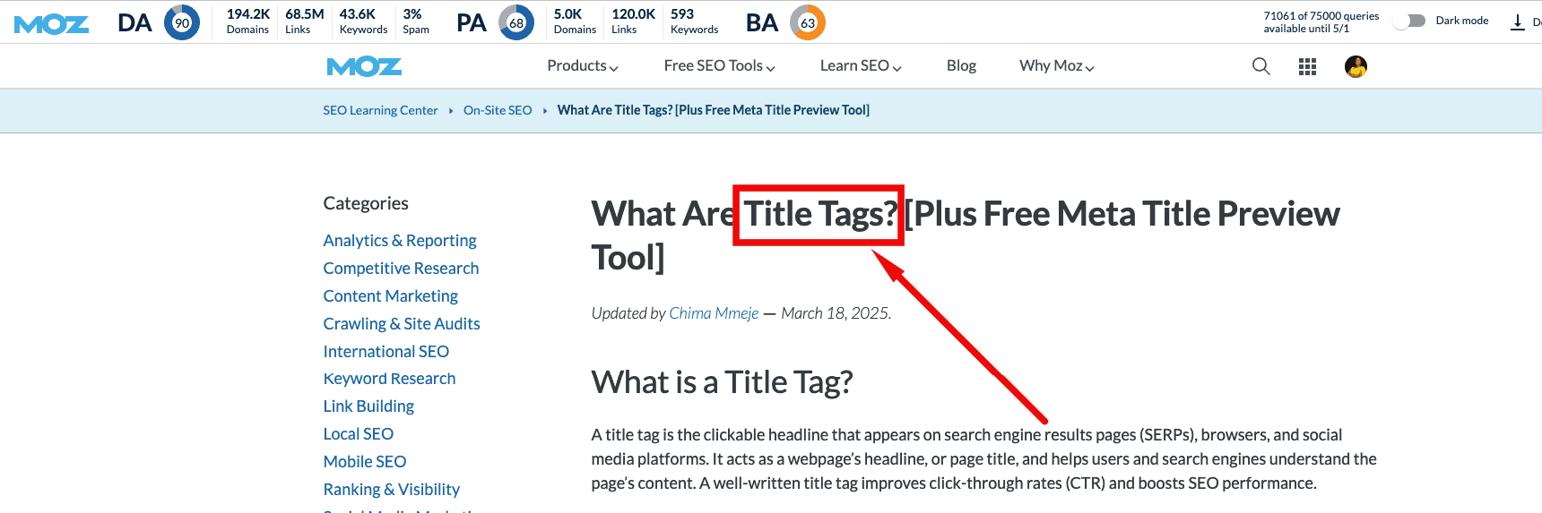 Screenshot of a Moz page targeting "Title Tags" with the keyword included in the H1 heading.