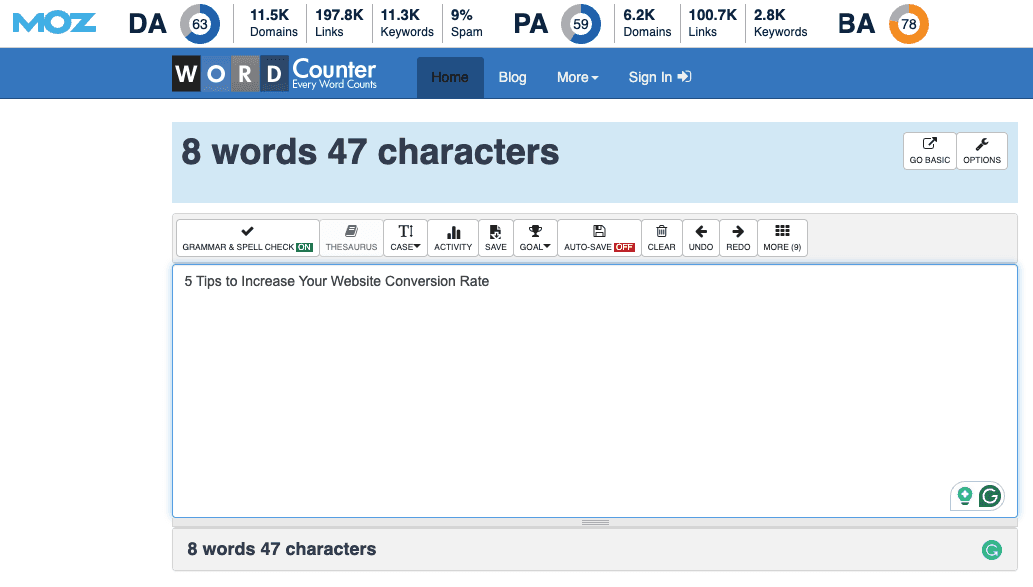 Screenshot of Word Counter tool checking the length of an H1 tag to ensure it's under 60 characters.