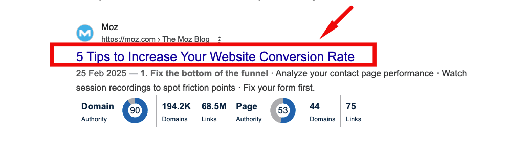 Screenshot of Google search results showing a Moz blog post title tag.