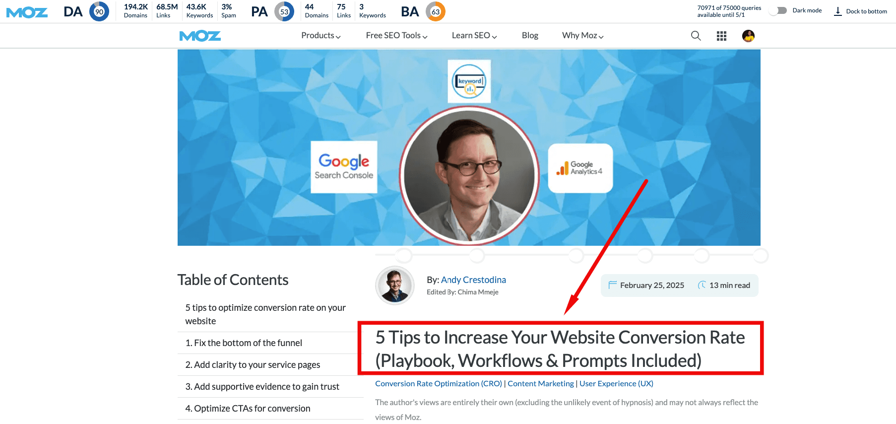 Screenshot of the same Moz blog post showing a slightly different H1 tag on the actual page.