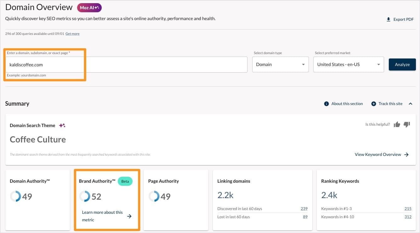 Brand Authority score for Kaldi's coffee in the Moz Domain Overview tool.