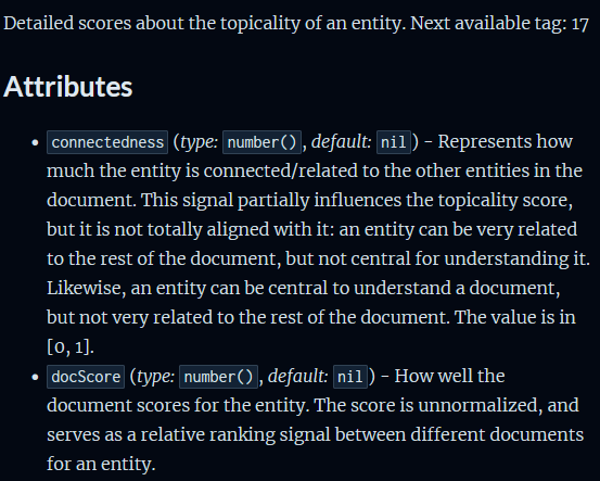 Screenshot from Google leaks on topicality of an entity
