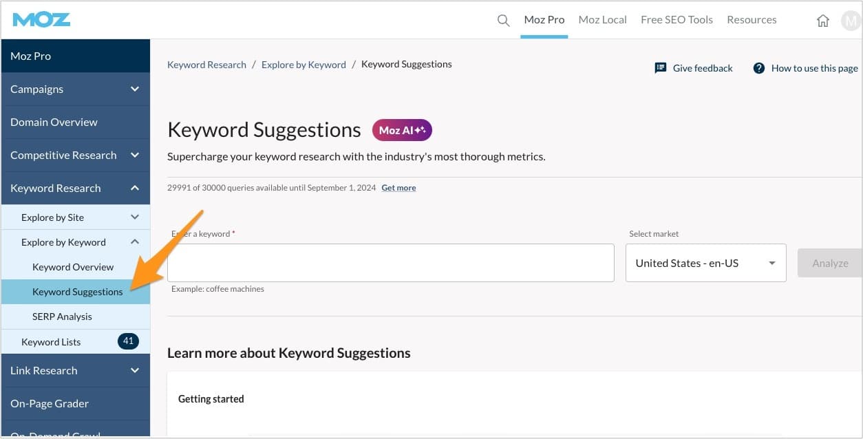 Moz tool Keyword Explorer