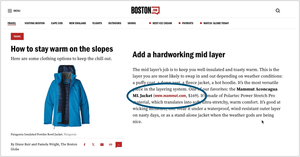 A screenshot showing a mention of a Mammut coat with a backlink to the Mammut website.