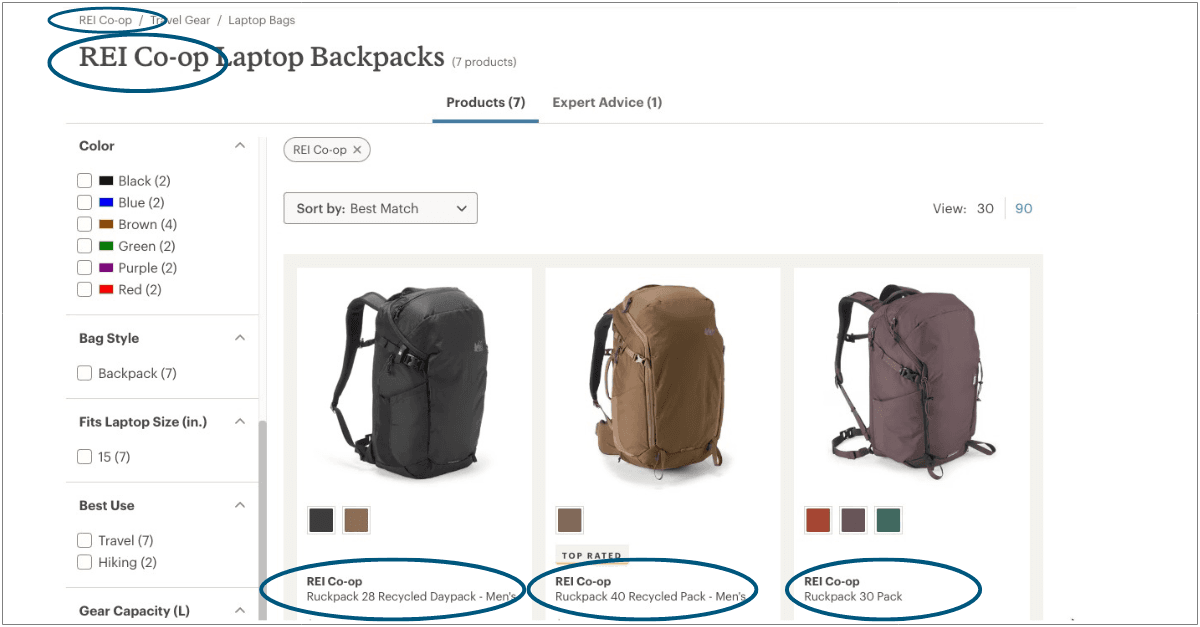 The category page for REI backpacks