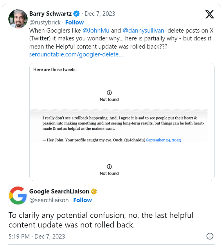 Barry Schwartz's tweet on Googlers deleting posts