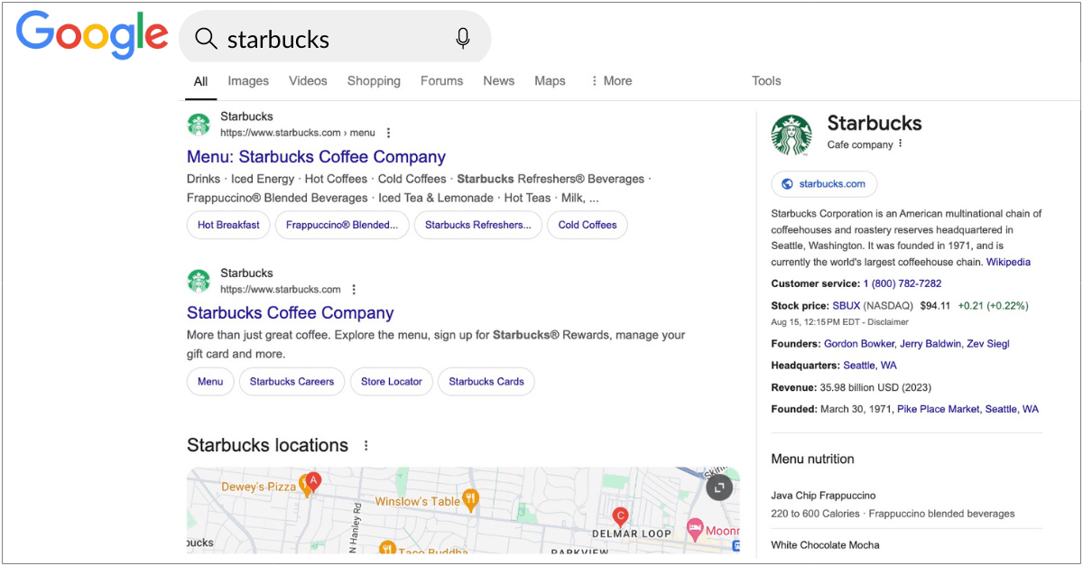 A screenshot for search engine results for the keyword "starbucks."