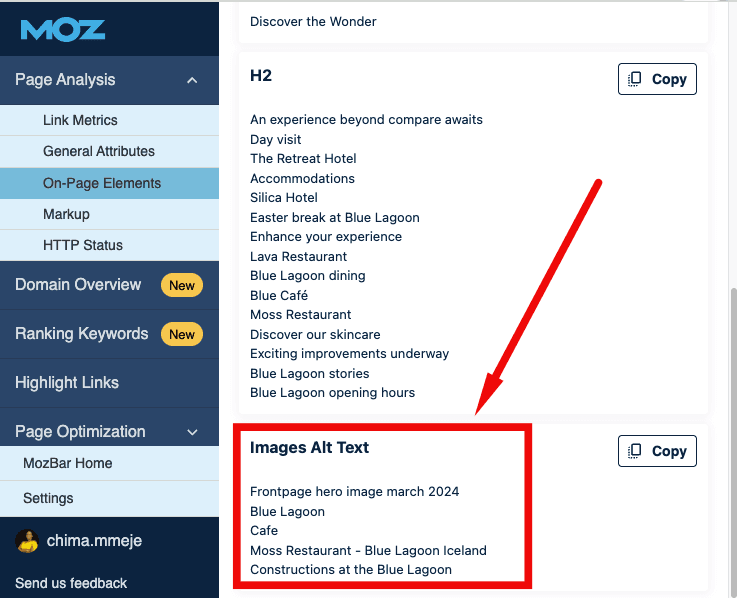 Alternative text feature in MozBar