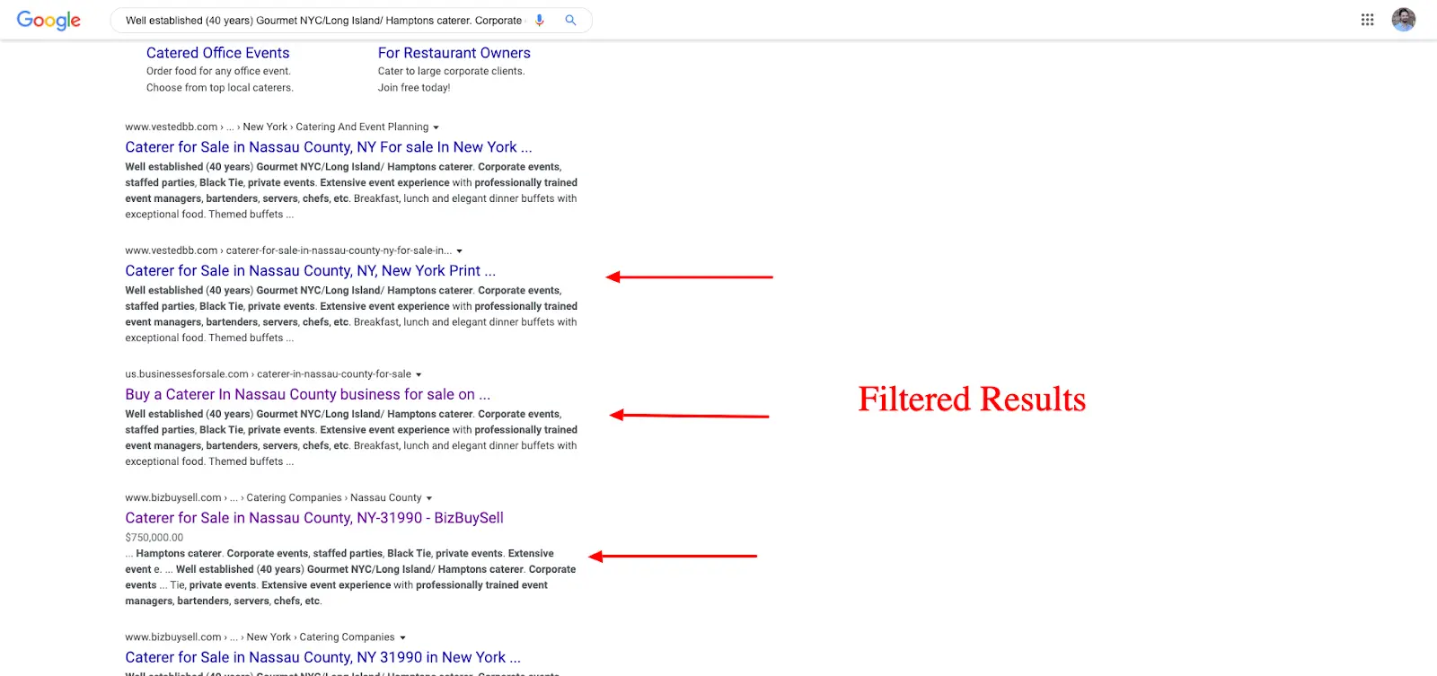Filtered Google search results for duplicate content