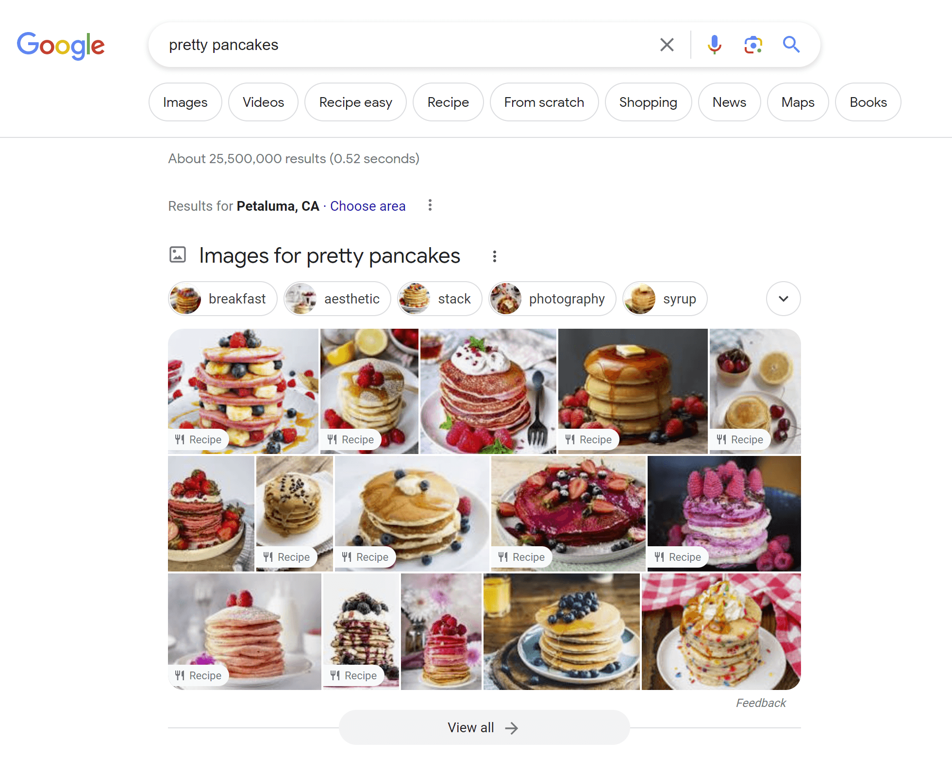 Screenshot of image pack in Google's results returning more than a dozen images of pancakes