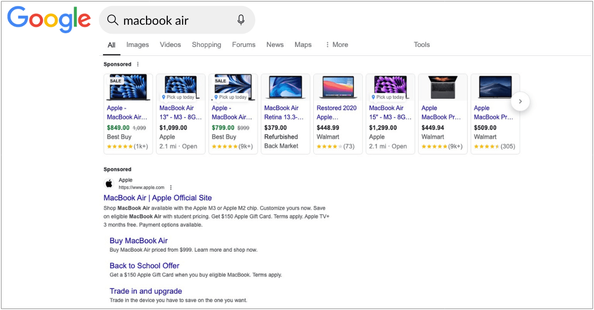 A screenshot of the search results for the keyword "macbook air."