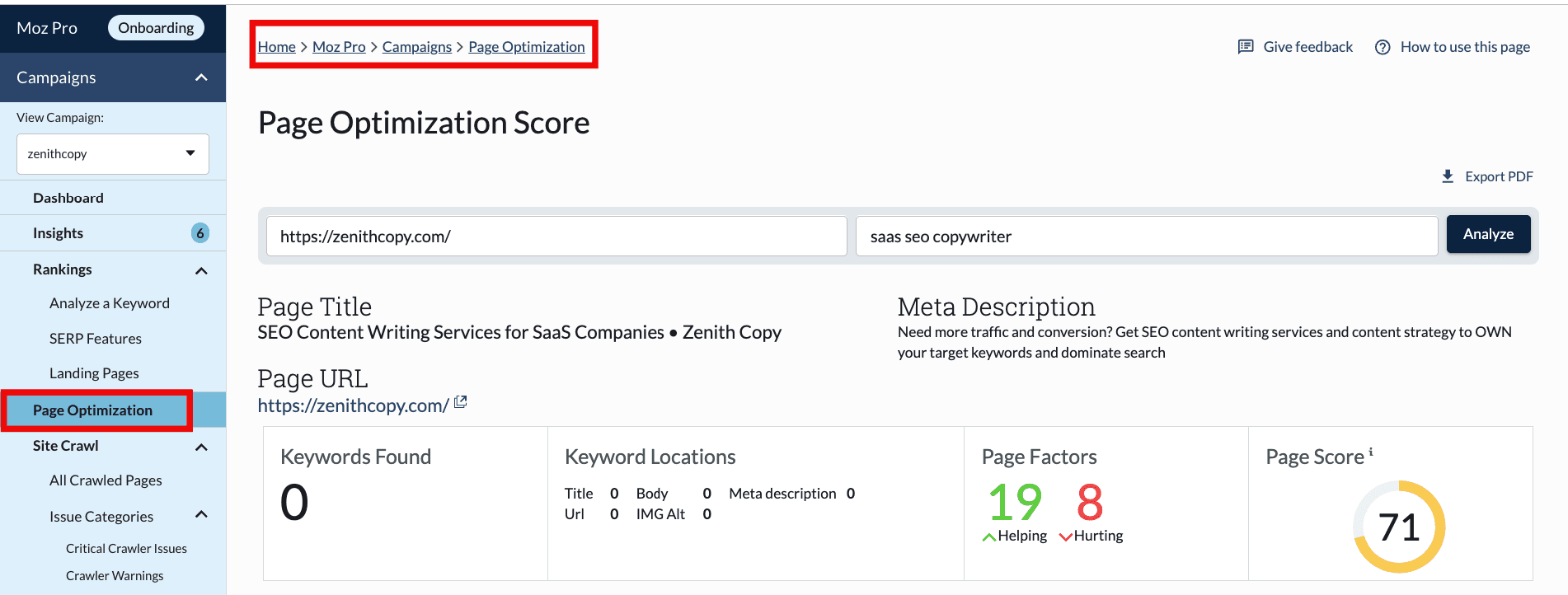 Page optimization in Moz Pro campaigns