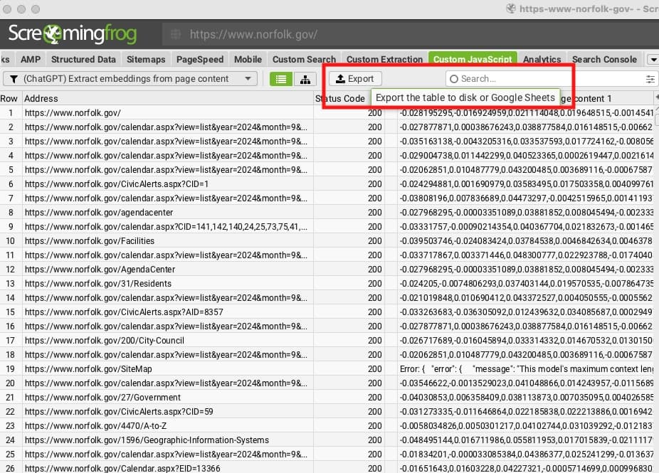 screenshot showing data imported into Google Sheets from the ‘all_inlinks.csv’ file