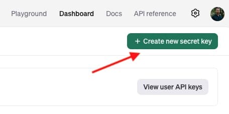 Screenshot showing the OpenAI website with the option to create a new secret key for the API