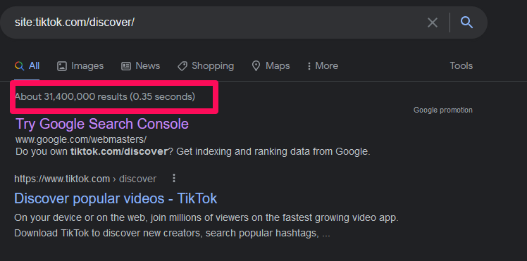 Screenshot showing number of search results for TikTok.