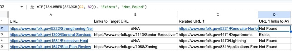 Screenshot showing how to identify unlinked related pages using a formula in Google Sheets