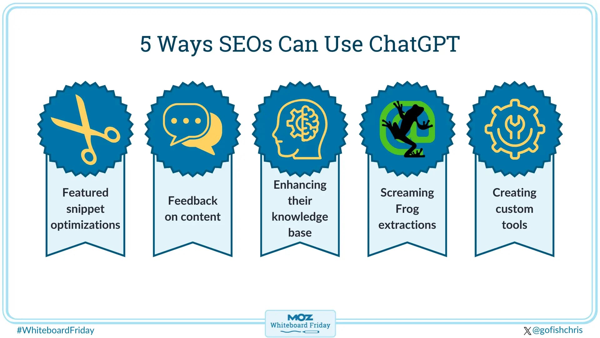 Chris Long's Whiteboard Friday on 5 ways SEOs can use ChatGPT, including: featured snippet opportunities, feedback on content, enhancing your knowledge base, Screaming Frog extractions, and creating custom tools.
