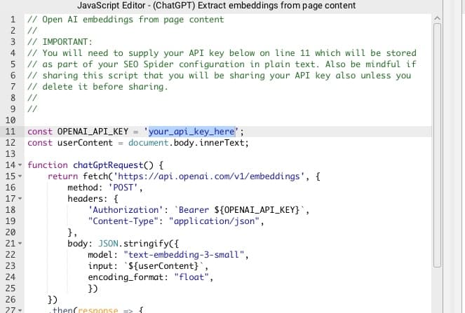 Screenshot showing where to paste the Open AI API key in the Screaming Frog custom JavaScript editor.