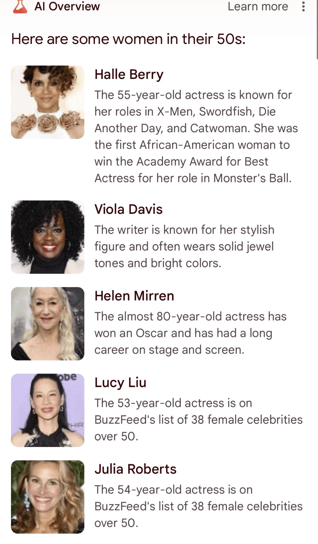 A list of women in their 50s includes a woman in her 80s.