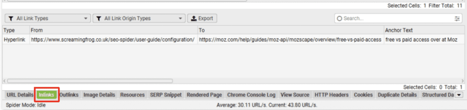 A screenshot of Screaming Frog, a technical audit crawling tool and their inlinks tab, a section showing all the internal links pointing to the error page.