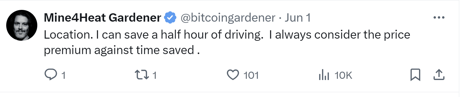 A tweet by Mine4Heat Gardener: "Location. I can save a half hour of driving. I always consider the price premium against time saved."