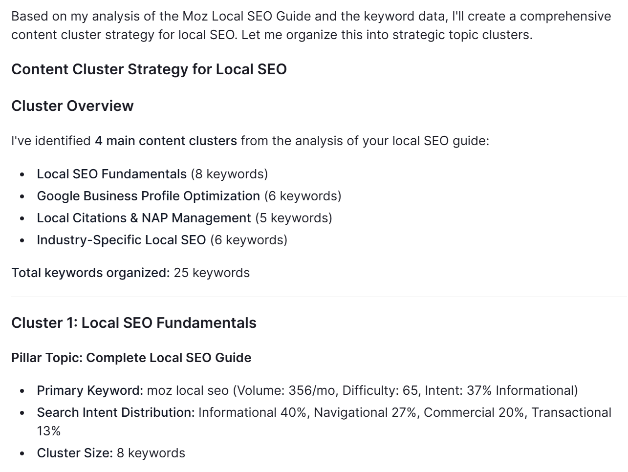 Screenshot of the content cluster strategy from Clara.
