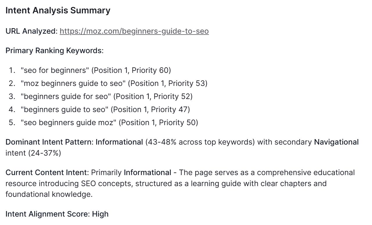 Screenshot of the intent analysis summary from Cora.