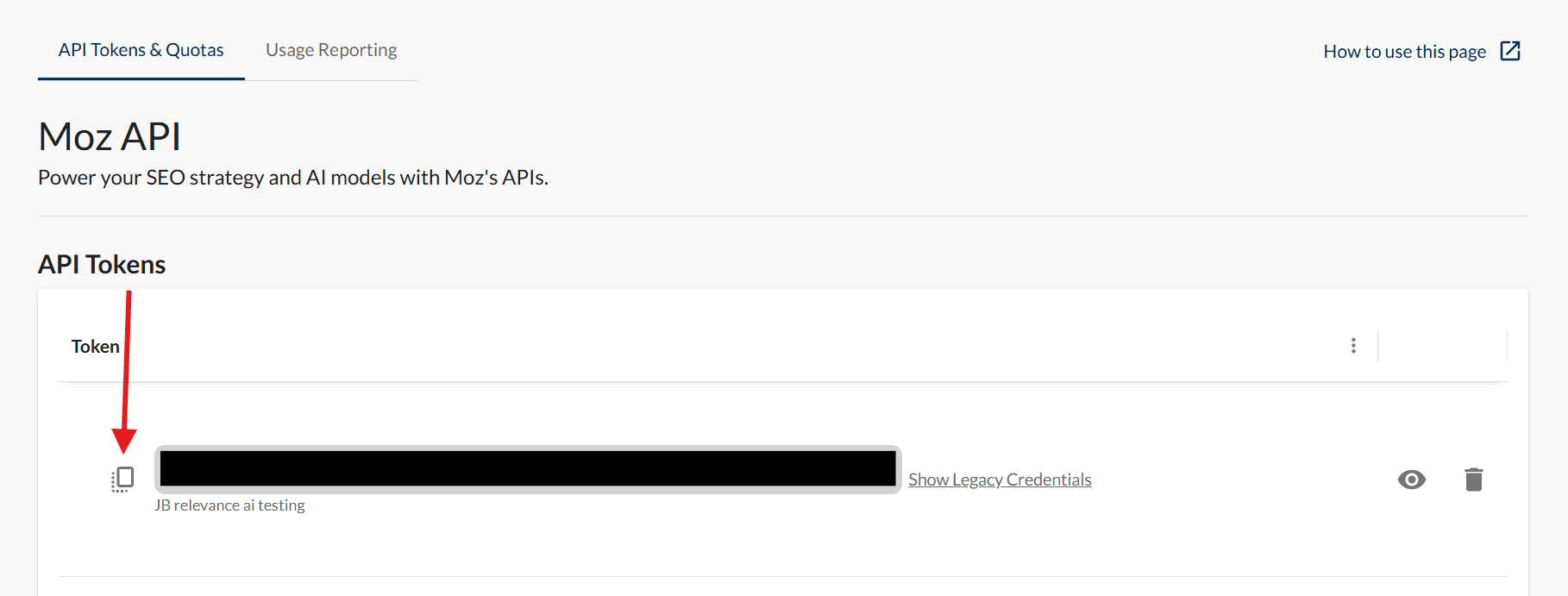 Screenshot of the Moz API dashboard showing how to copy your key.