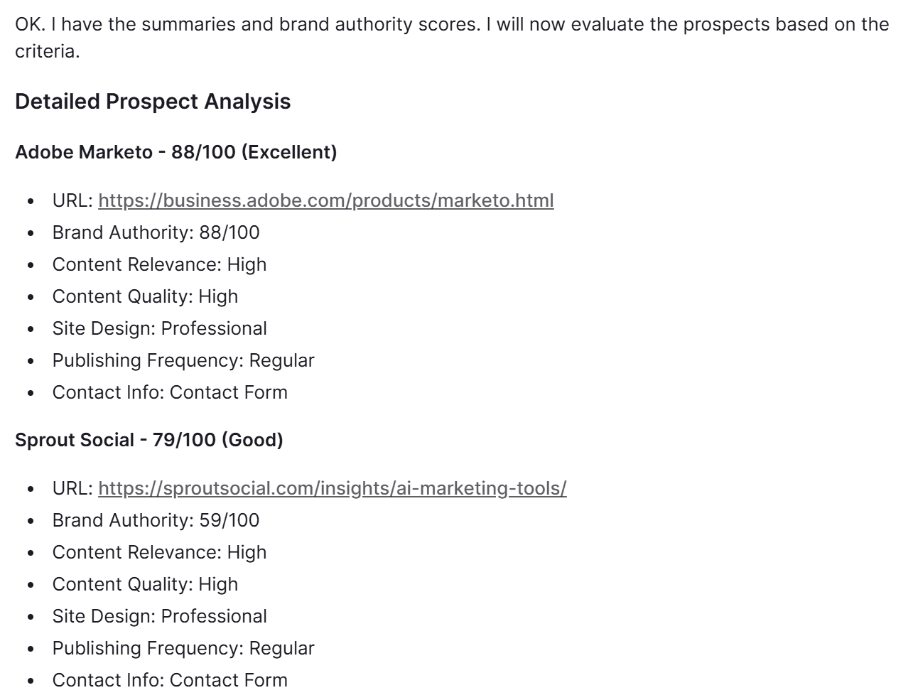Screenshot of the detailed prospect analysis from Linka.