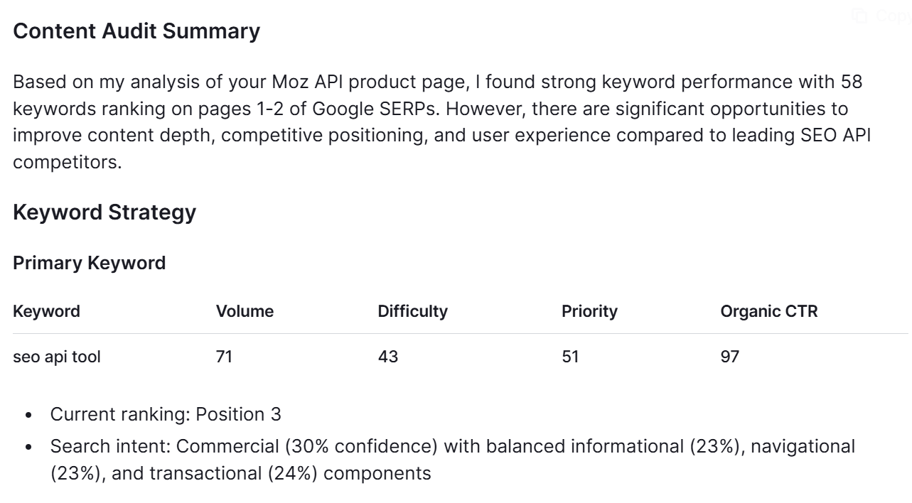 Screenshot of the content audit summary from Riva.
