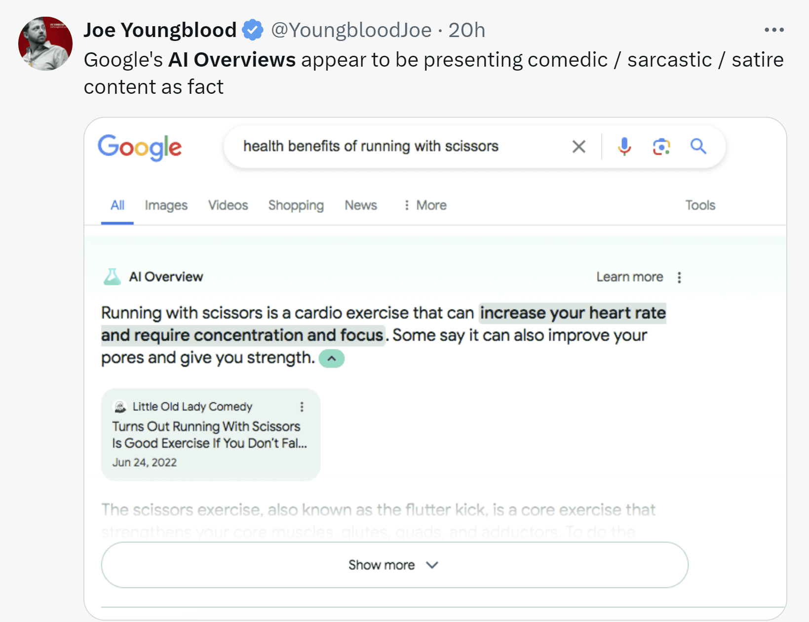 An AI Overview mistakes a joke for a fact and suggests that the dangerous activity of running with scissors is good cardio exercise.