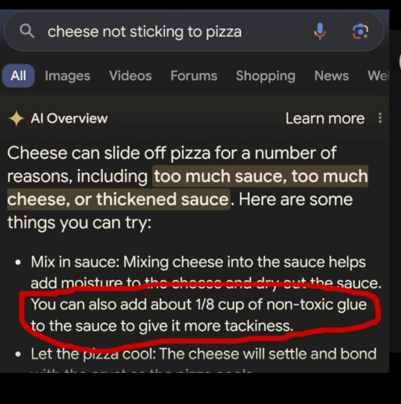An AI Overview suggests adding 1/8 cup of glue to pizza sauce to help cheese stick to pizza.