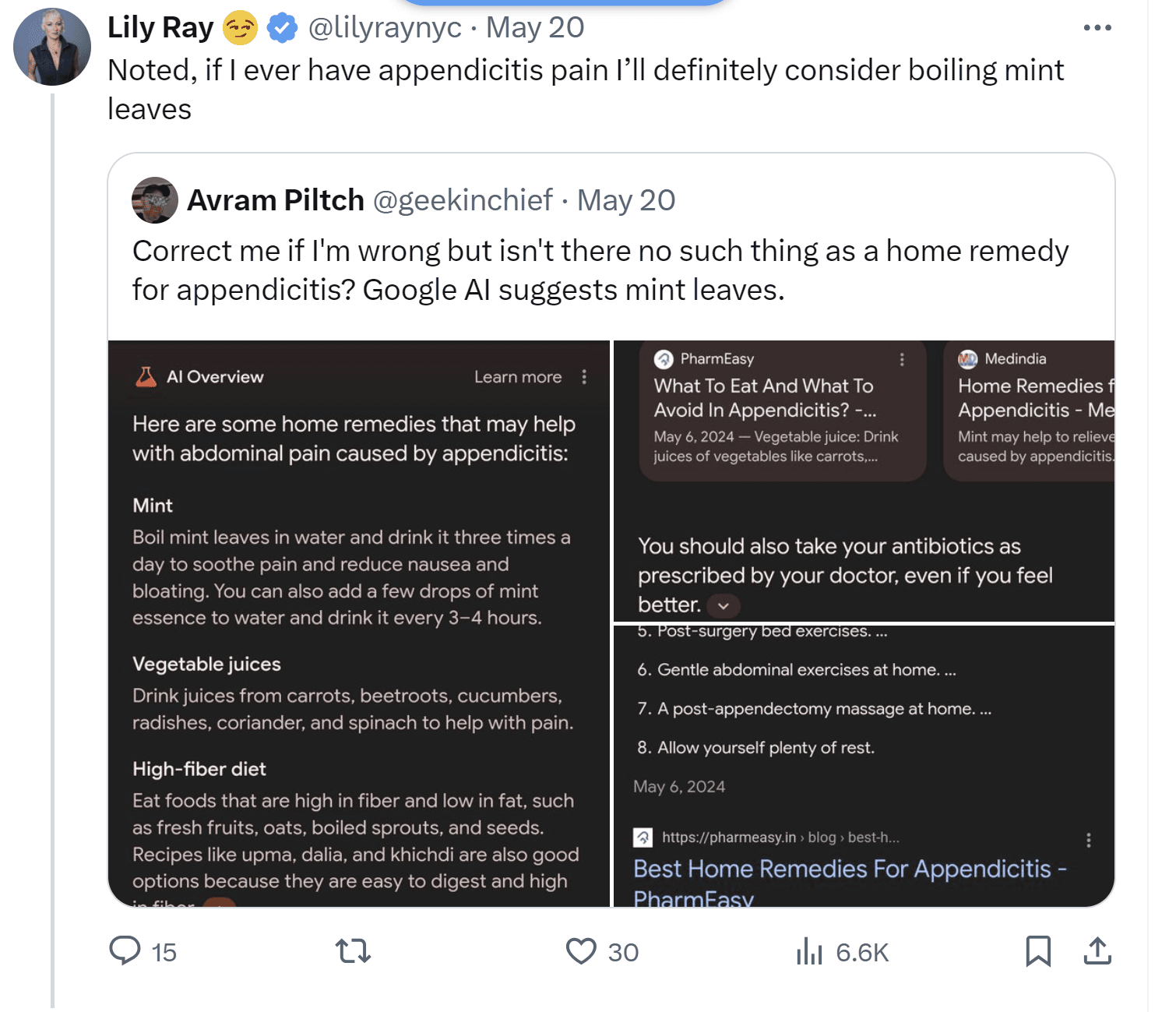 An AI Overview tells people with appendicitis that it can be remedied by drinking mint tea and vegetable juice.