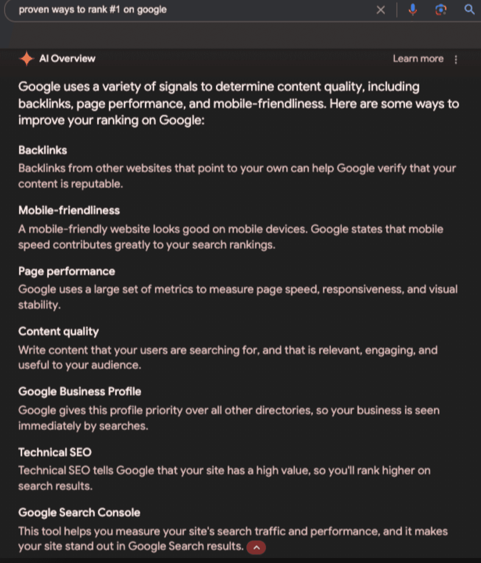 An AI overview gives nonsensical SEO advice.