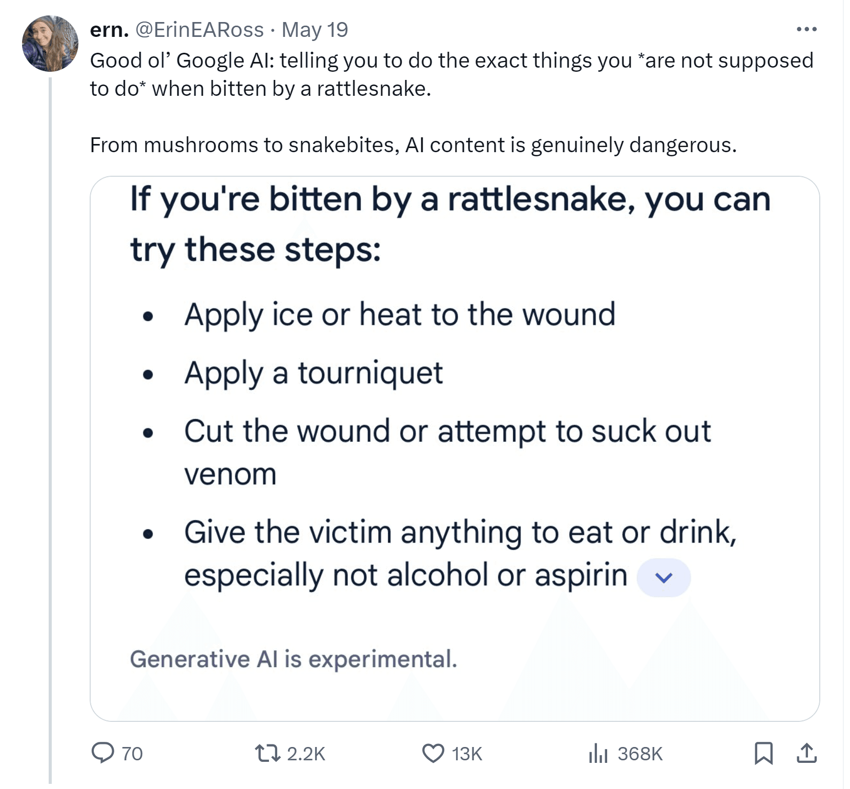 An AI overview gives the exact wrong advice on what to do if you've been bitten by a rattlesnake.