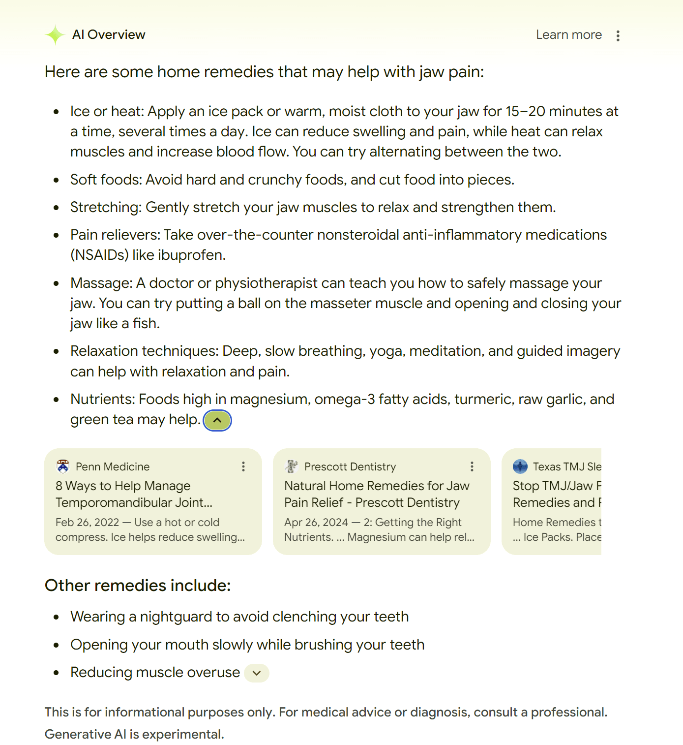 An AI overview on the causes of jaw pain fails to mention it can be a warning sign for a heart attack.
