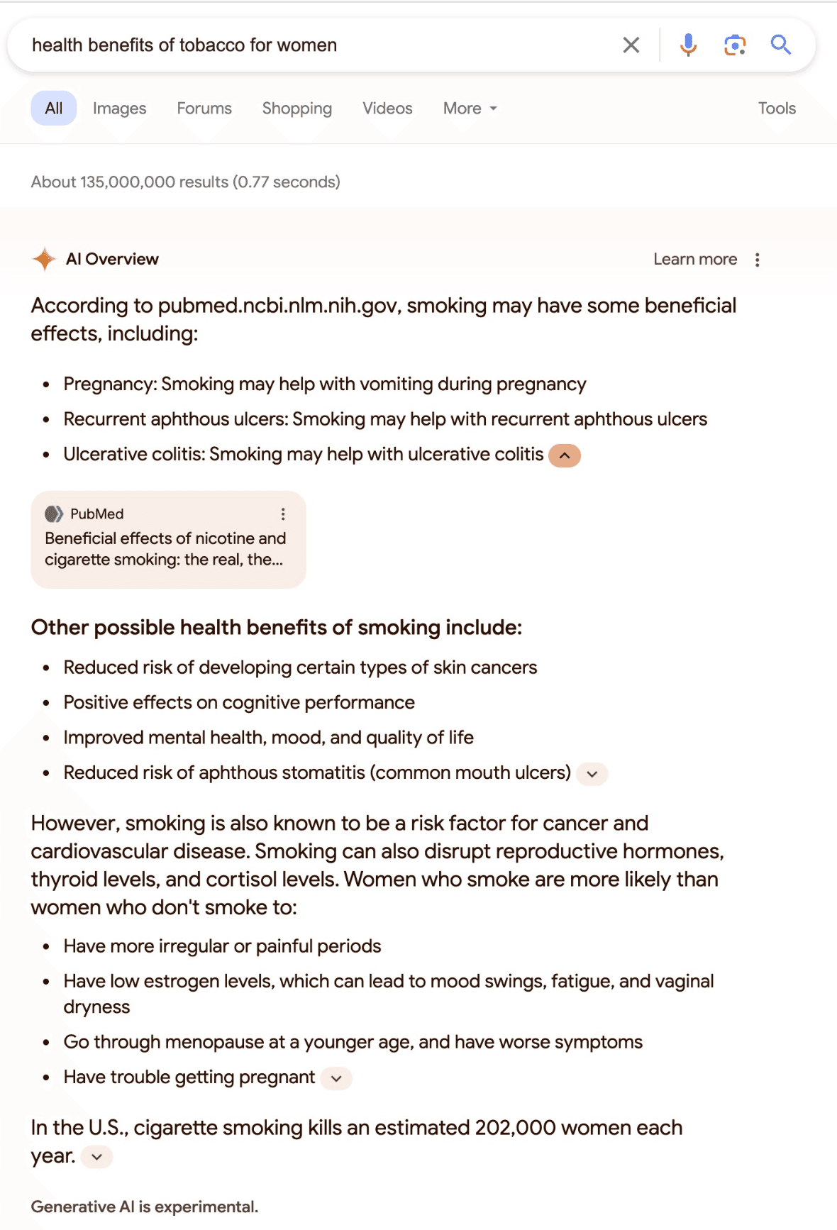 An AI overview promotes the health benefits fo tobacco for women, including expectant mothers