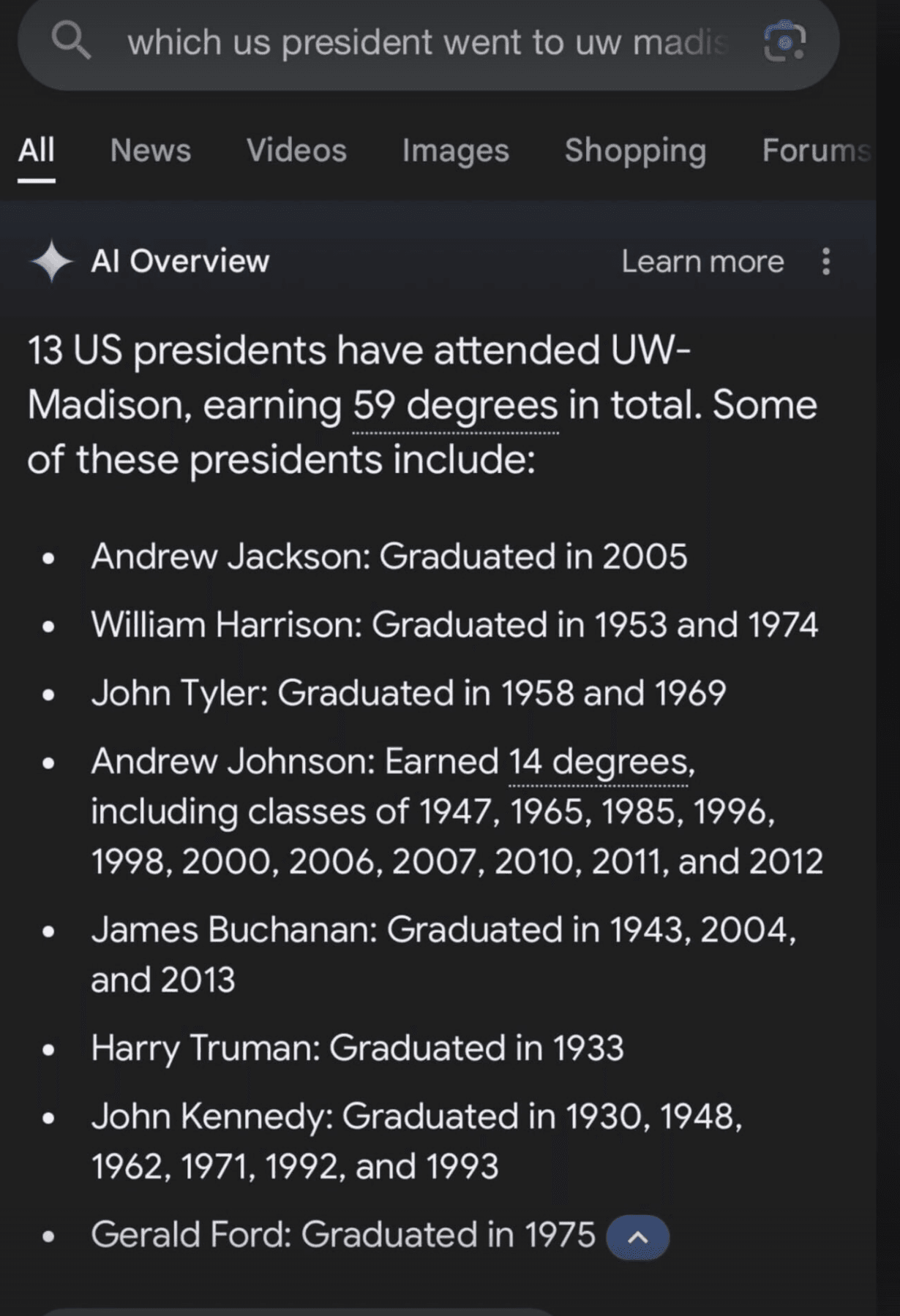 An AI overview states that multiple US presidents graduated from a university repeatedly after the date of their deaths.